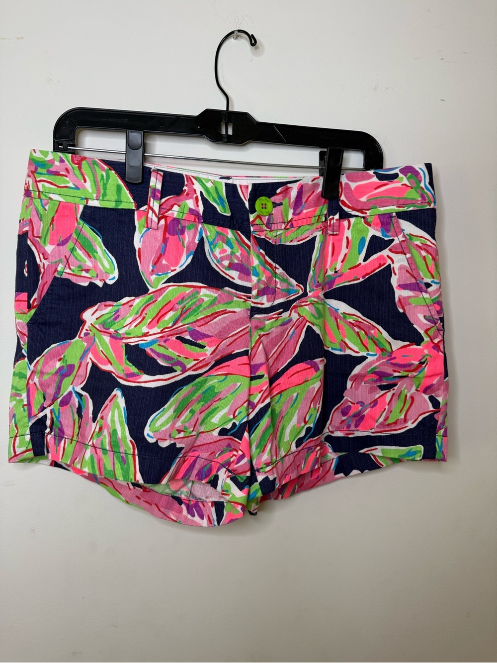 Lilly Pulitzer Navy High-Waist Shorts with Neon Pink & Lime Leaf Print